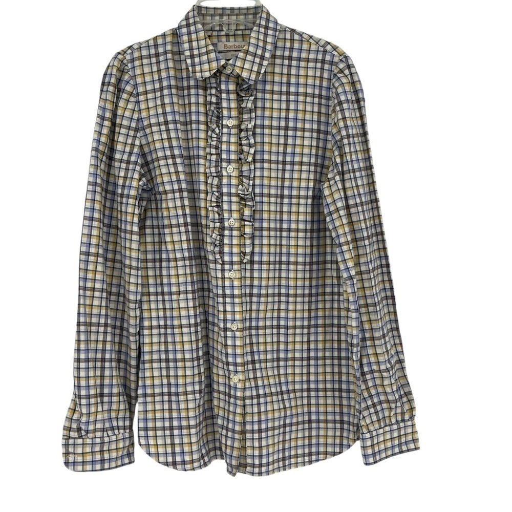 Barbour Women’s Ruffle Plaid Flannel Long Sleeve Button Down Top Size 6